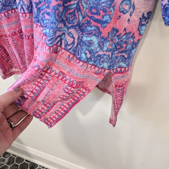 Chico's 100% Linen White Blue Pink Bohemian Split Neck Tunic Shirt - Picture 4 of 8